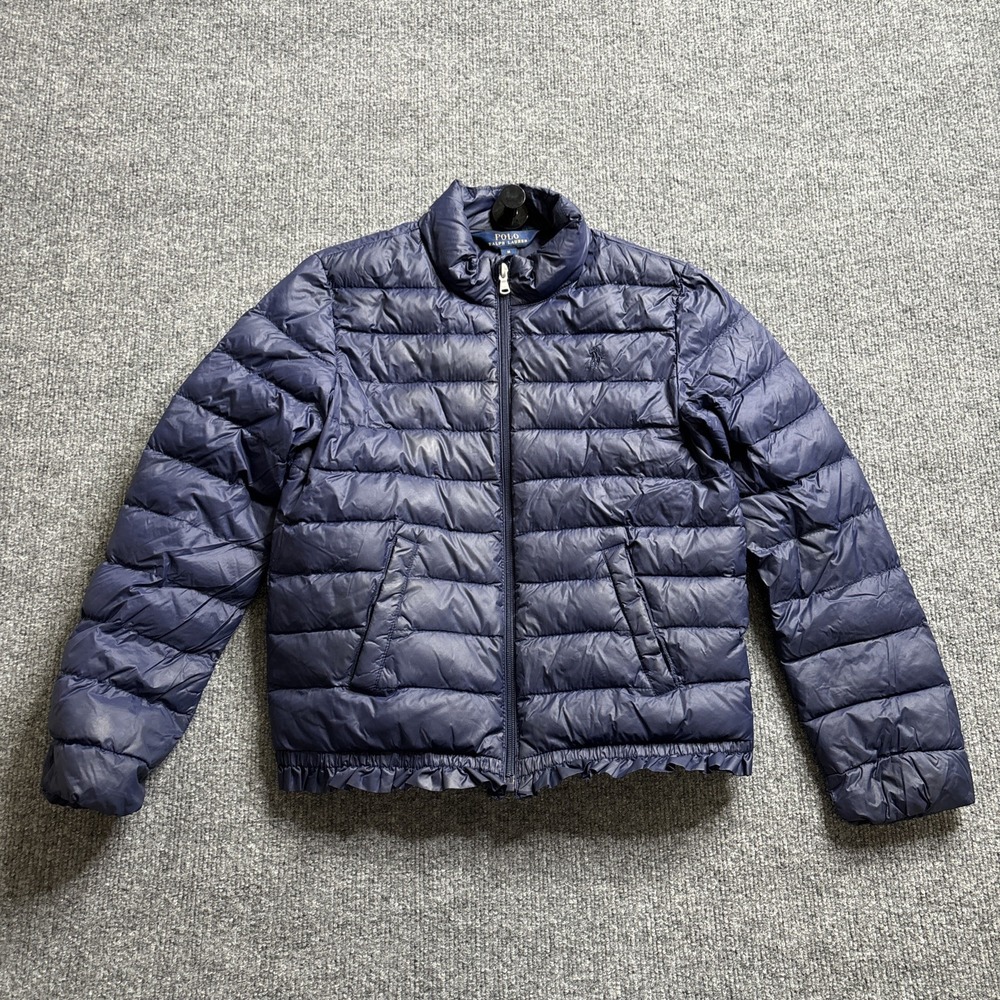 Polo Ralph Lauren Navy Ruffle Hem Quilted Down Puffer Coat Jacket Girls Medium